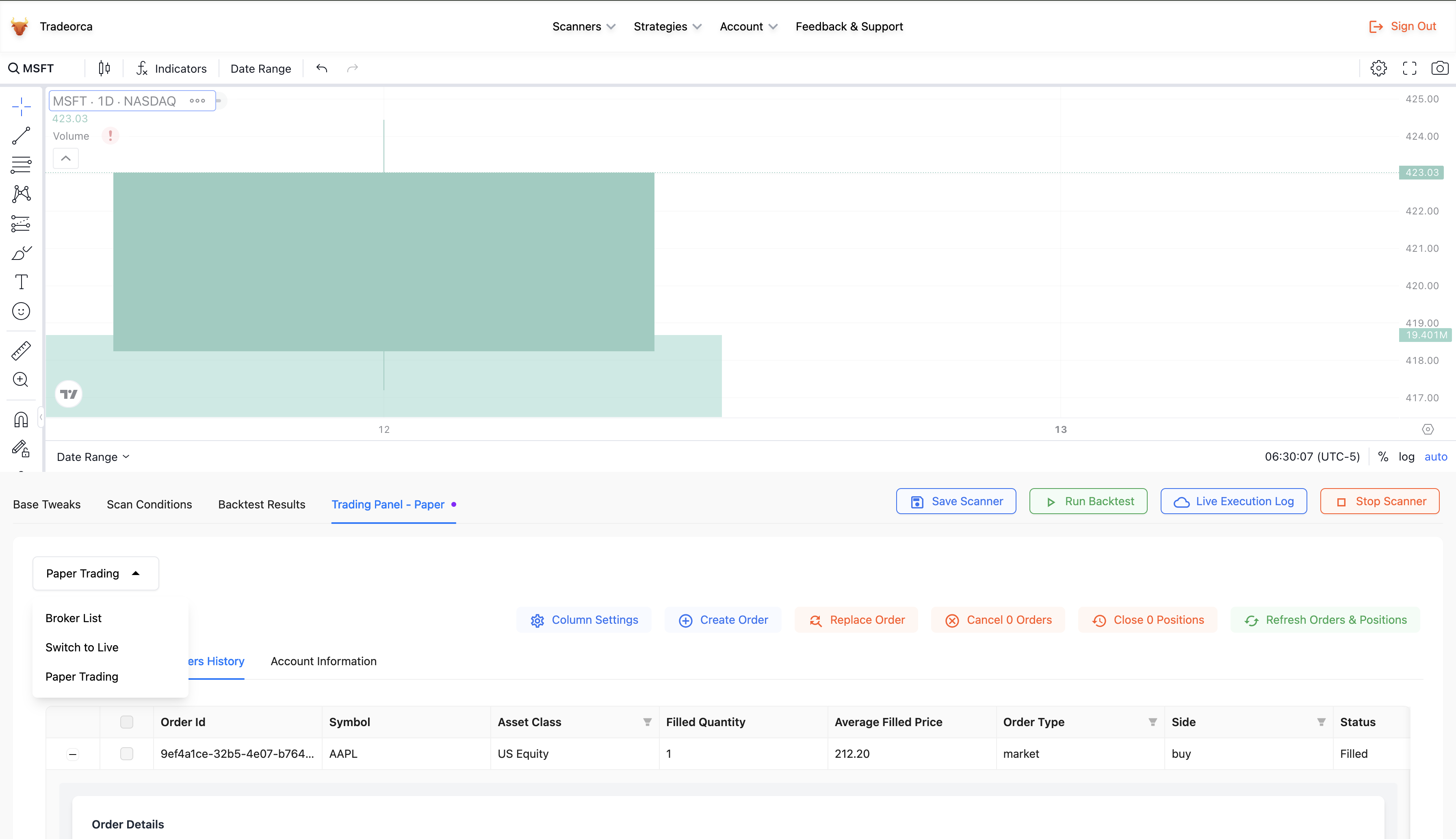 Trading Panel Expanded Dropdown